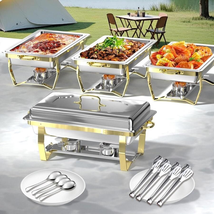 Buffet Warmhoudbakken Partysets Eten Serveren Semi-goud Afwerking 4 stuks 8QT Zilver