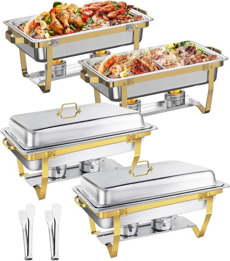 Buffet Warmhoudset Chafing Dish Set Feestelijke Buffetten Veilig Handvat Ontwerp 9 Liter Inhoud Goud en Zilver