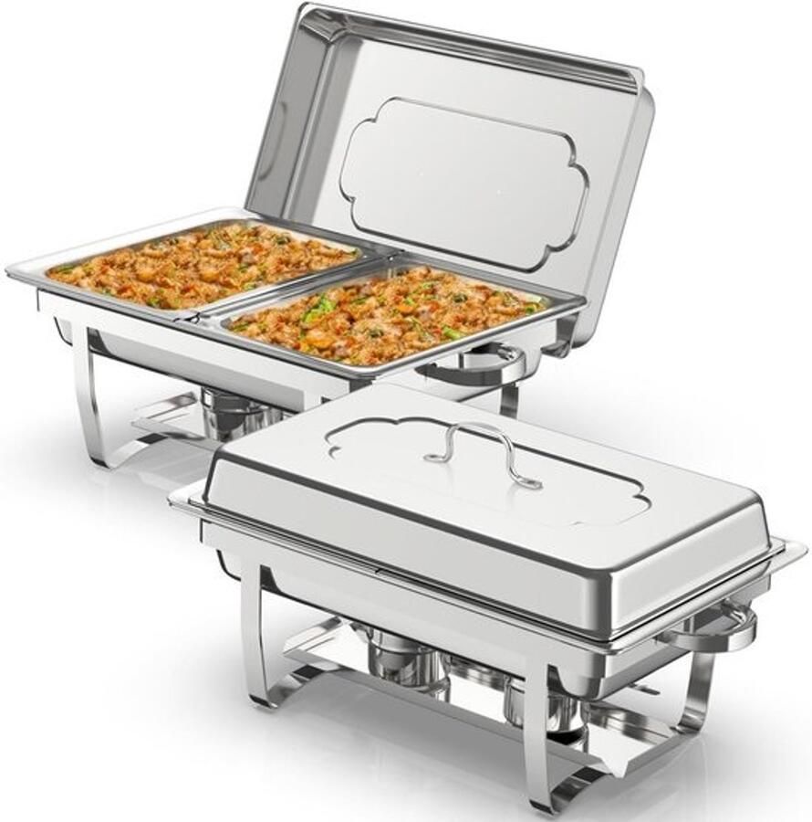 Buffet-warmhoudset Dienbladen voor catering Eten warm houden Inklapbaar frame 2 x 9 liter Zilverkleurig