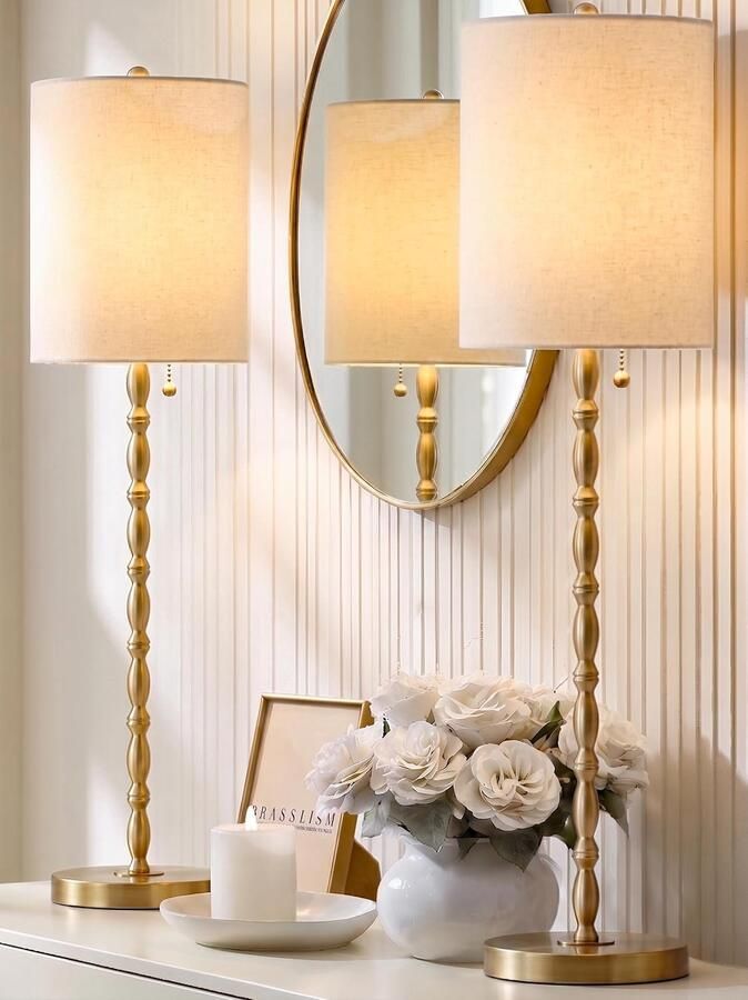 Buffetlampen set van 2 28 inch lange messing afwerking lampen voor entree hal consoletafel eettafel of woonkamer UL-gecertificeerd met trekkoord linnen schaduw luxe stad