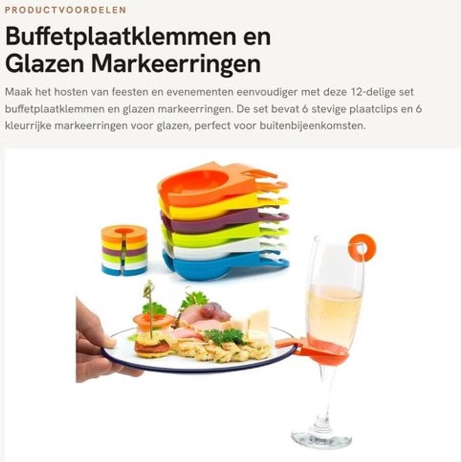 Buffetplaatklemmen 12-delige set Plaathouders ID-ringen Feestaccessoires Kleurige markeringen Ideaal voor buffetten Houdt glazen borden stevig vast