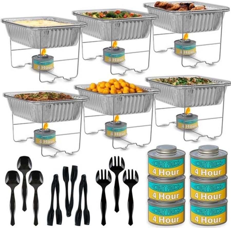 Buffetset Voedselwarmers voor catering Houd gerechten warm bij feesten Opvouwbare rekken 6 sets Chroom