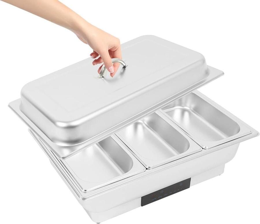 Buffetverwarmer RVS Warmhoudplaat Chafing Dish Eten Warm Houden Touchscreen Temperatuurregeling 9 Liter Zilver