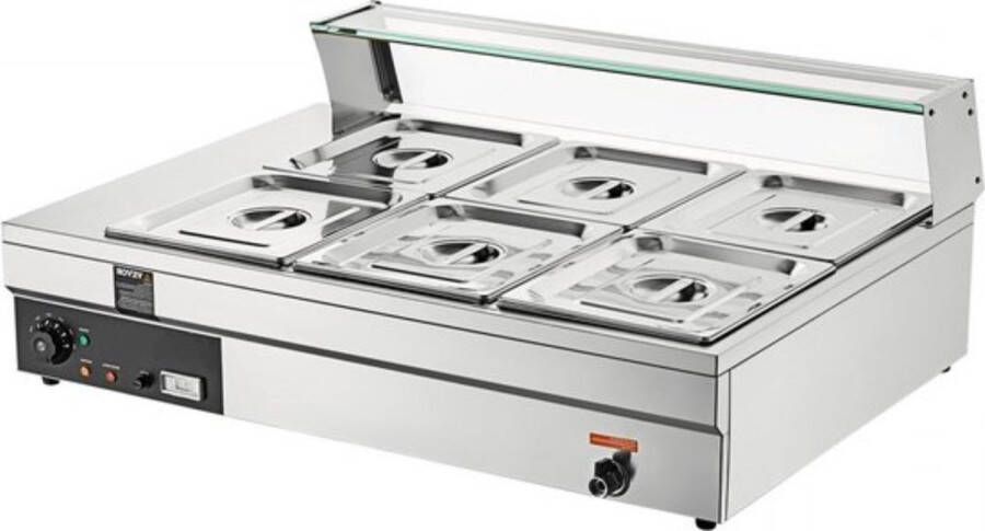 RVS buffetverwarmer voedselverwarmer 1500 W 6 x 13 2 L buffetbakken 265 x 325 x 150 mm Elke verwarmingsplaat te gebruiken incl. glazen deksel & aftapkraan & droogbrandindicator voor kantine café etc - Foto 2