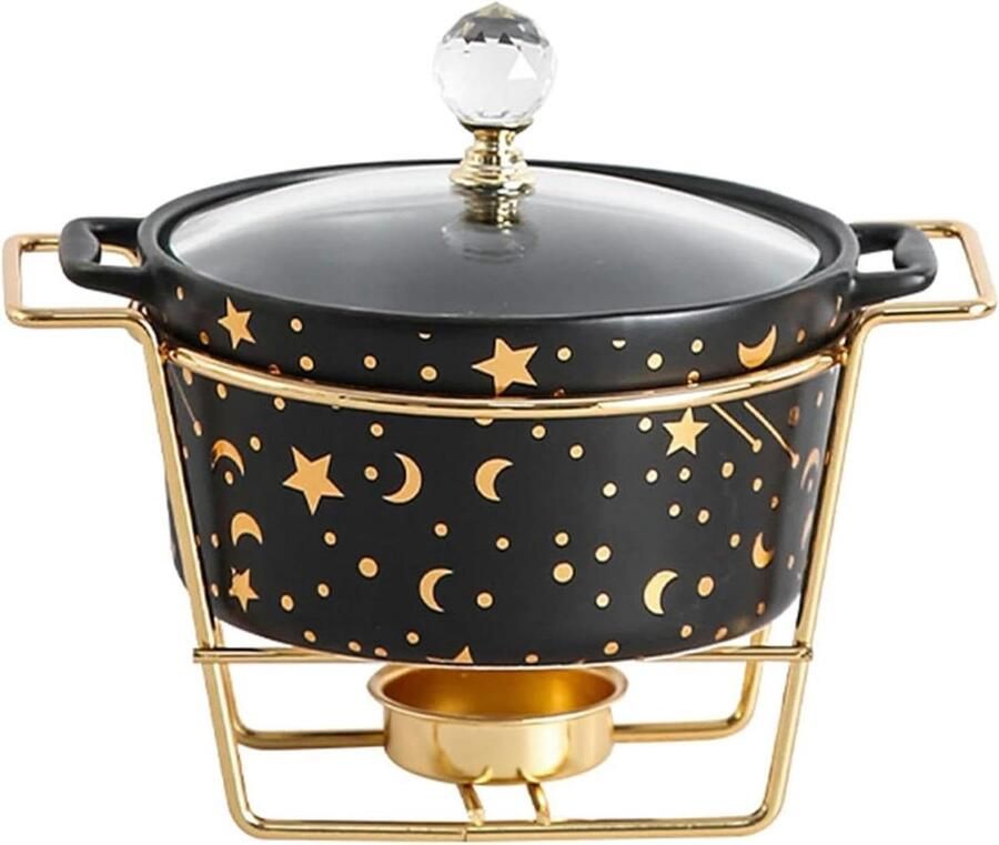 Buffetvoedselverwarmer Ronde Chafing Dish Buffetset Keramiek Onderglazuur Buffet Chafer met Glazen Deksel en Brandstofhouder Voedselwarmhoudplaat for Bruiloften Banketten(Black)
