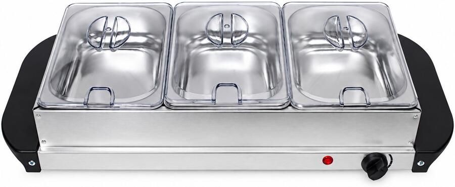 Buffetwarmer 2-in-1 – Warmhoudplaat 200 W – 3 Warmhoudbakken van 1 5 L – RVS – Zilver