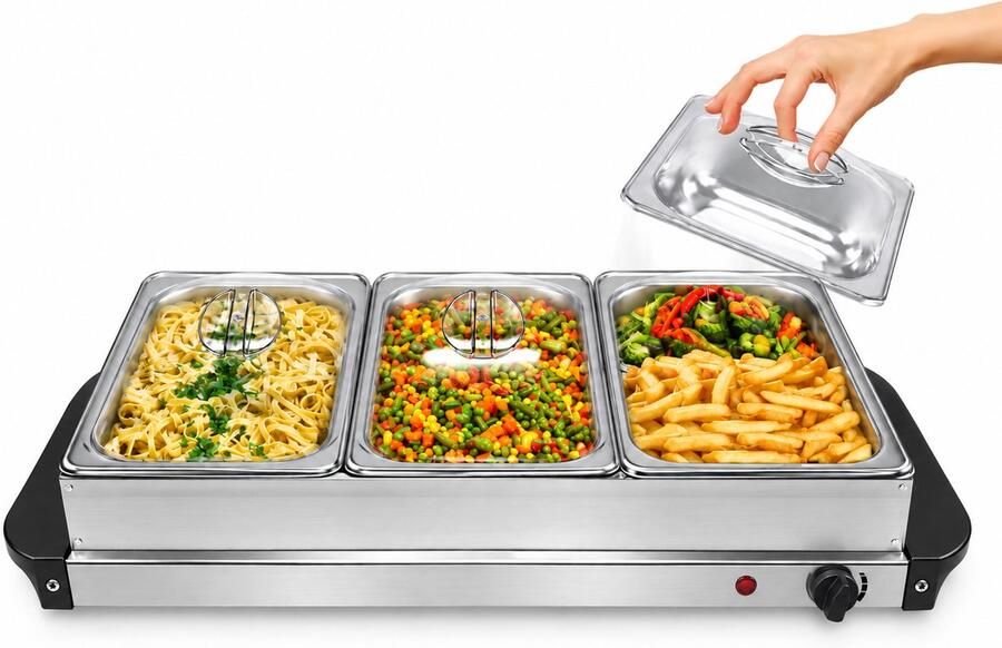 Buffetwarmer 300 W – 4 Warmhoudbakken – Verstelbare Thermostaat – Warmhoudplaat – Vaatwasserbestendig