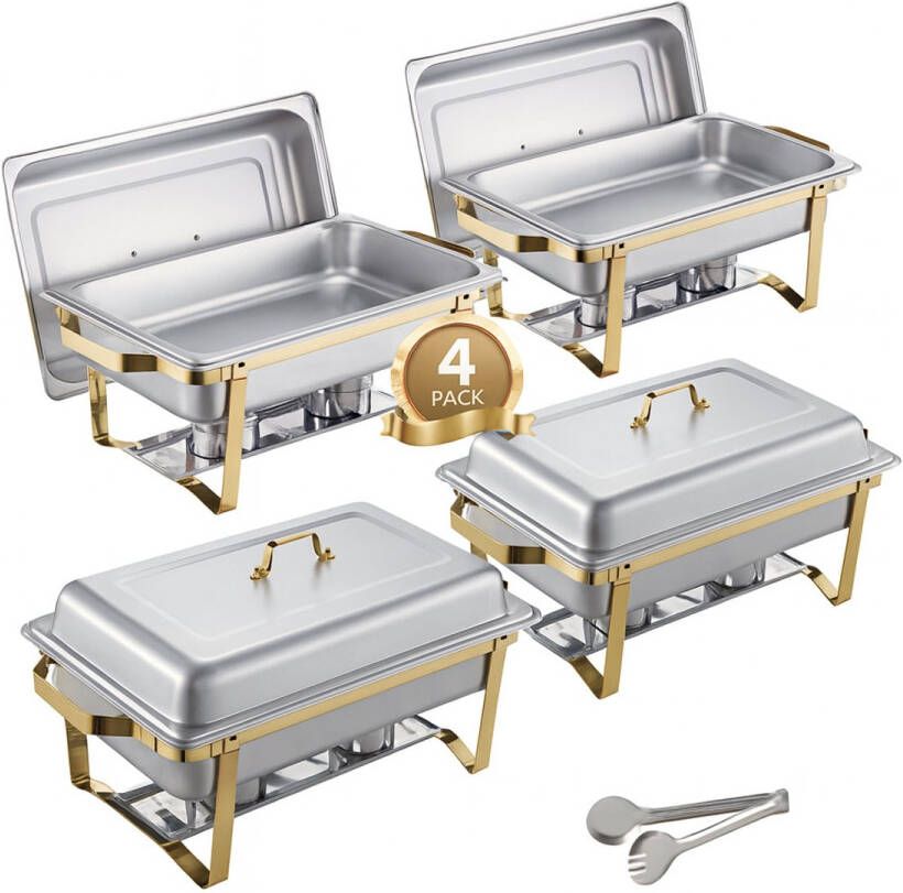 Buffetwarmer Chafing Dish Set 4-delige Warme Voedselhouder RVS Catering Server 2 Grote Pannen van 8L en 4 Halve Pannen Warmhoudschalen Opvouwbare Voedselwarmer Voor Feest Bruiloft Buffet Evenement