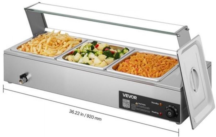 Buffetwarmer Elektrisch 1500 W Vermogen 3 Compartimenten Roestvrij Staal Met Glazen Deksel Voor Restaurants En Feesten