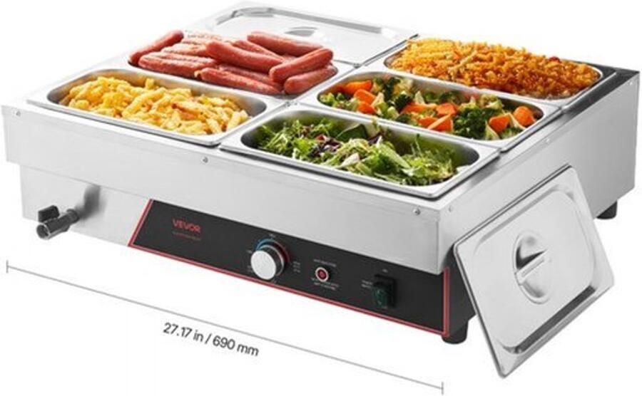 Buffetwarmer Elektrisch 1500 W Vermogen 6 Containers 1 3 Formaat Roestvrij Staal Voor Restaurants En Feesten