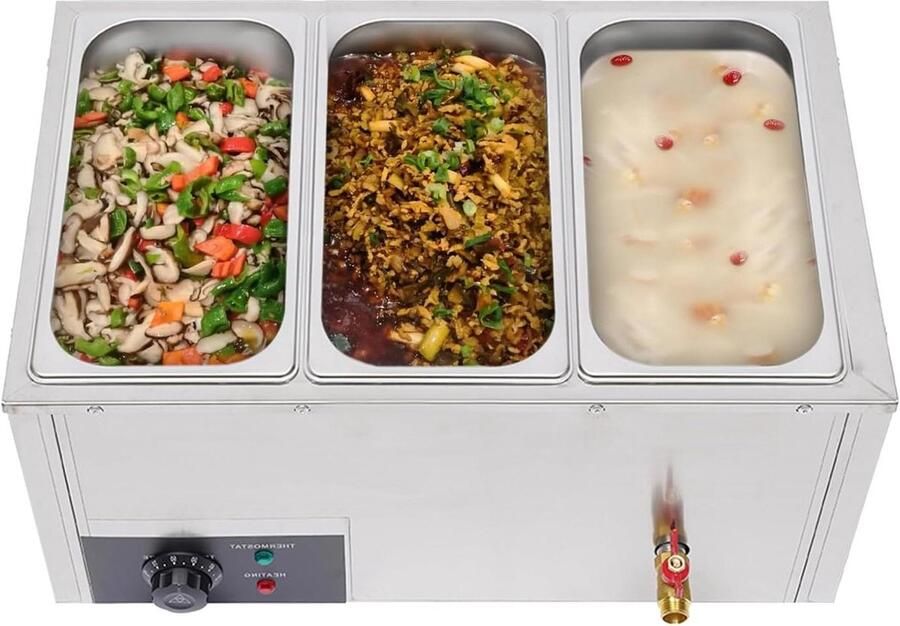 Buffetwarmer Elektrisch Warmhoudapparaat Voedsel Gerechten Warm Houden Instelbare Temperatuur 3x7 Liter Zilverkleurig