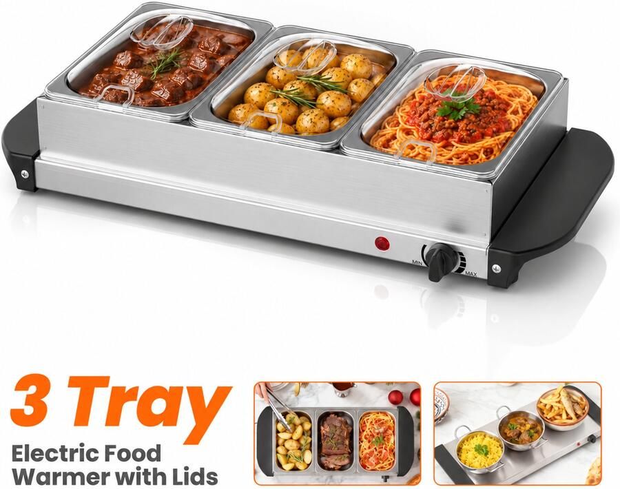 Buffetwarmer met 3 Bakken – 3x 1 3 L RVS Voedselwarmer – Instelbare Temperatuur – Met Deksels