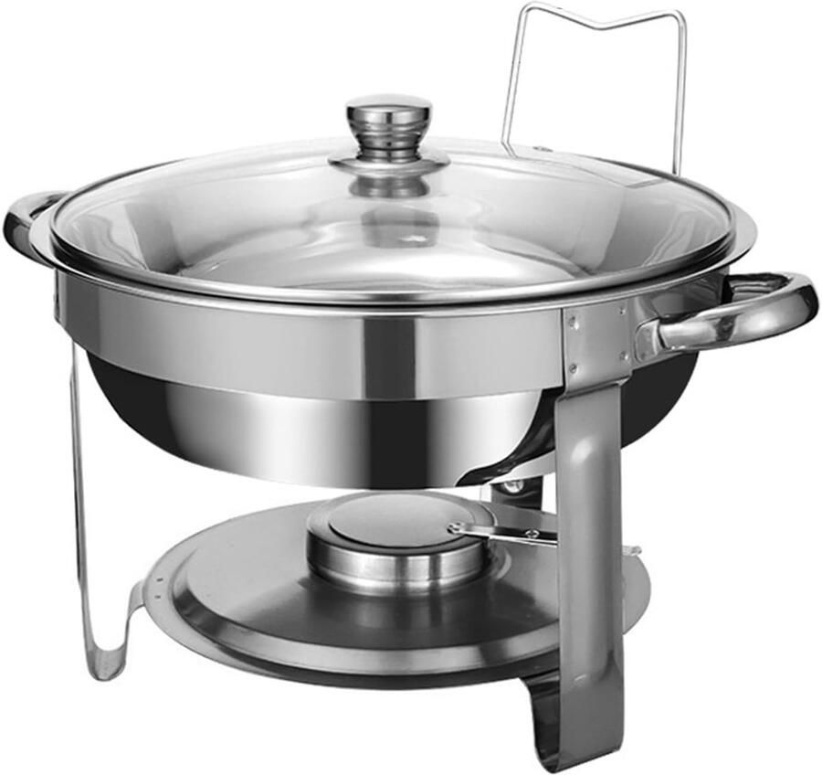Ronde Warmhoudpan Buffetset Bain Marie Gerechten Serveren Glazen Deksel Houder 33.9 cm Diameter Zilver