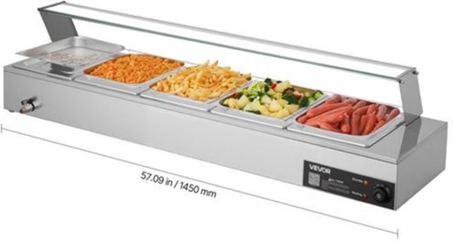 Buffetwarmer Professioneel 1500 W Vermogen 5 Containers 1 2 Formaat Roestvrij Staal Met Glazen Deksel
