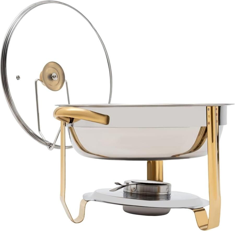 Buffetwarmer Rond Voedselwarmer Bain Marie Feesten Banketten Helder Deksel Stoomgat 5 Liter Capaciteit Zilver Goud