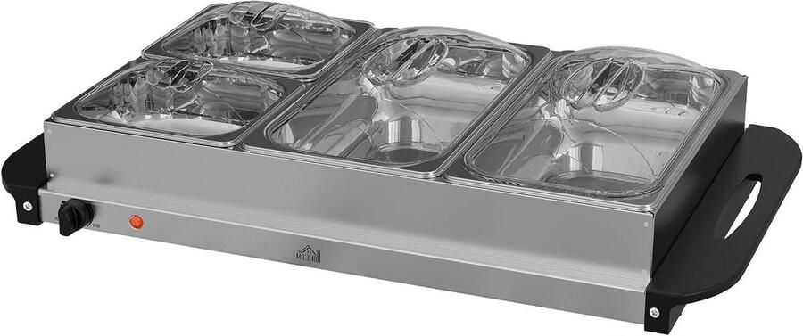 Buffetwarmer RVS Voedselwarmer Warmhoudplaat Feestjes Buffet Instelbare Thermostaat 64 x 364 x 14 cm Zilver