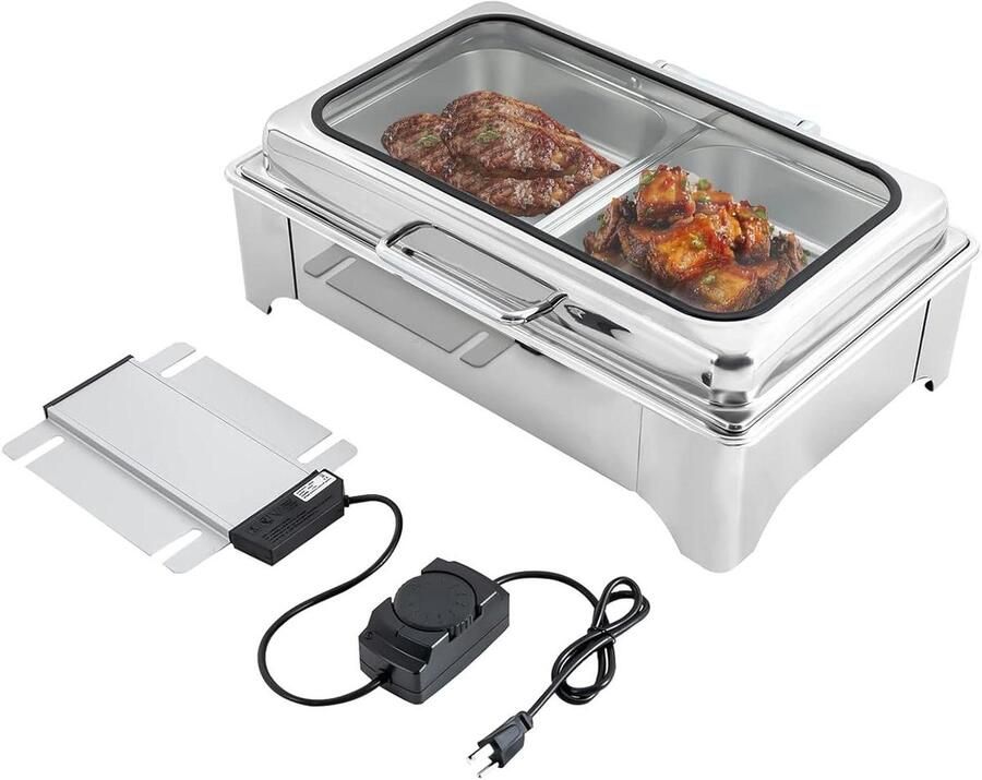 Buffetwarmer Set Voedselwarmer Bain Marie Eten Warm Houden Dubbele Verwarming Methoden 9.5 Liter Capaciteit Zilverkleurig