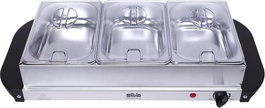 Buffetwarmer Warmhoudplaat 2-in-1 Apparaat Gerechten Warm Houden Traploze Temperatuurregeling 3x 15 Liter Zilver