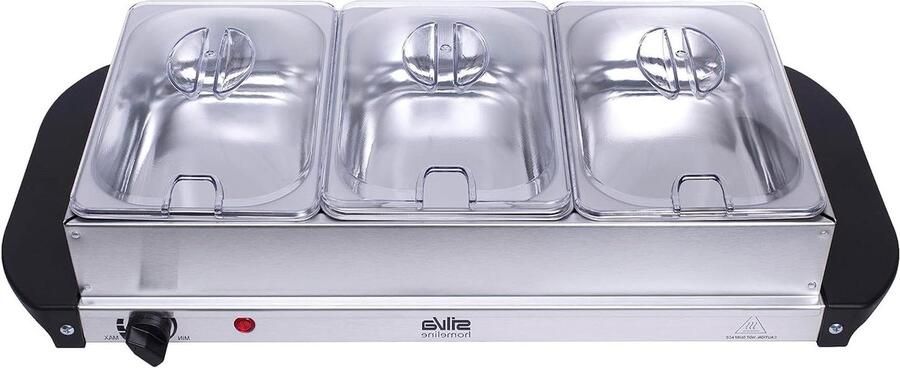 Buffetwarmer Warmhoudplaat Chafing Dish Serveer Feestjes Eten Warm Houden 2-in-1 Functie 3 x 1.5 Liter Zilver