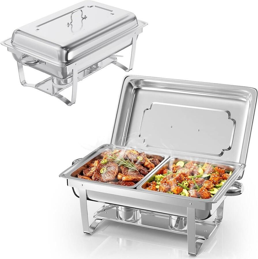 Buffetwarmers Roestvrij Staal Voedselverwarmers Set Feesten Warm Houden Versterkte Stabiele Bodem 2 x 9 Liter Zilverkleurig