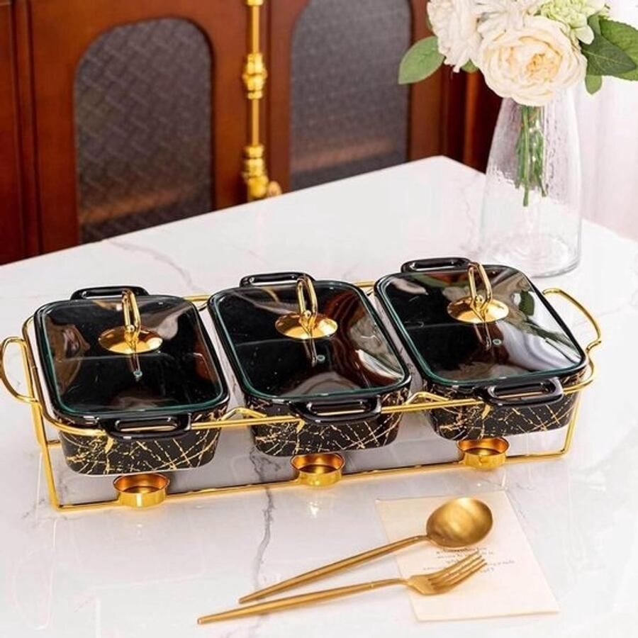 Buffetwarmers Set Serveerschalen Gerechten Warm Houden Keramische Marmerlook 3 x 09L Zwart