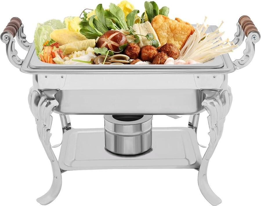 Buffetwarmers Set Voedselverwarmer Chafing Dish Eten Warm Houden Stabiele Houten Standaard 4 Liter Capaciteit Zilverkleurig