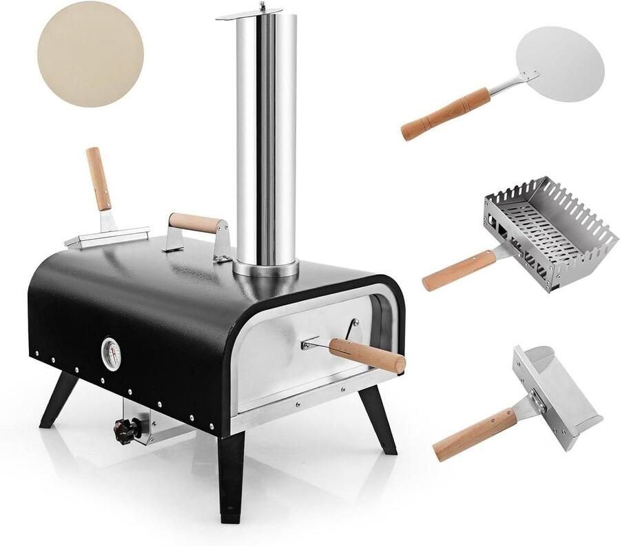 Buiten Pizzaoven Houtkachel Oven Pizza Bakken Draaibaar Frame 30 cm Steen Zwart Zilver - Foto 1