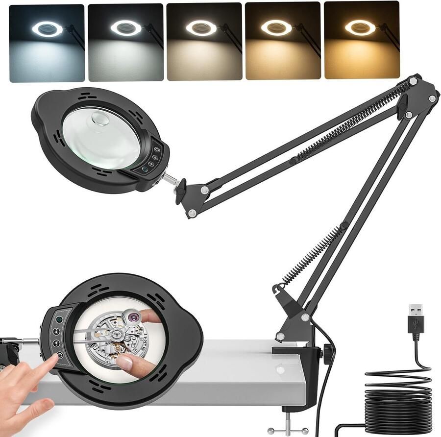 Bureaulamp met 10x led-vergrootglas licht en klem draaibare arm 5 kleurmodi voor lezen repareren knutselen