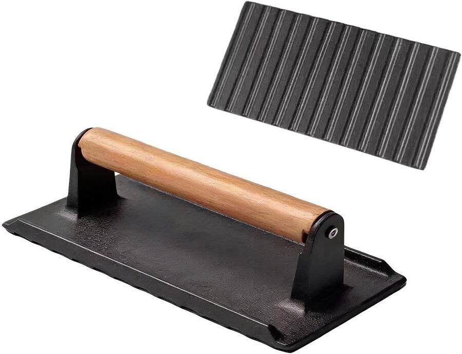Gietijzeren Vleespers Burgerpers Grill Sappige Vleesresultaten Houten Handvat 16x8x8cm Zwart