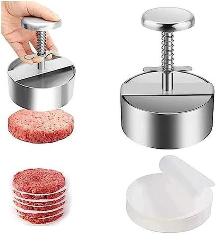 Burger Patty Maker Vleespers Hamburger Zelf Hamburgers Maken Verstelbare Dikte 100 Patty Papers Zilverkleurig