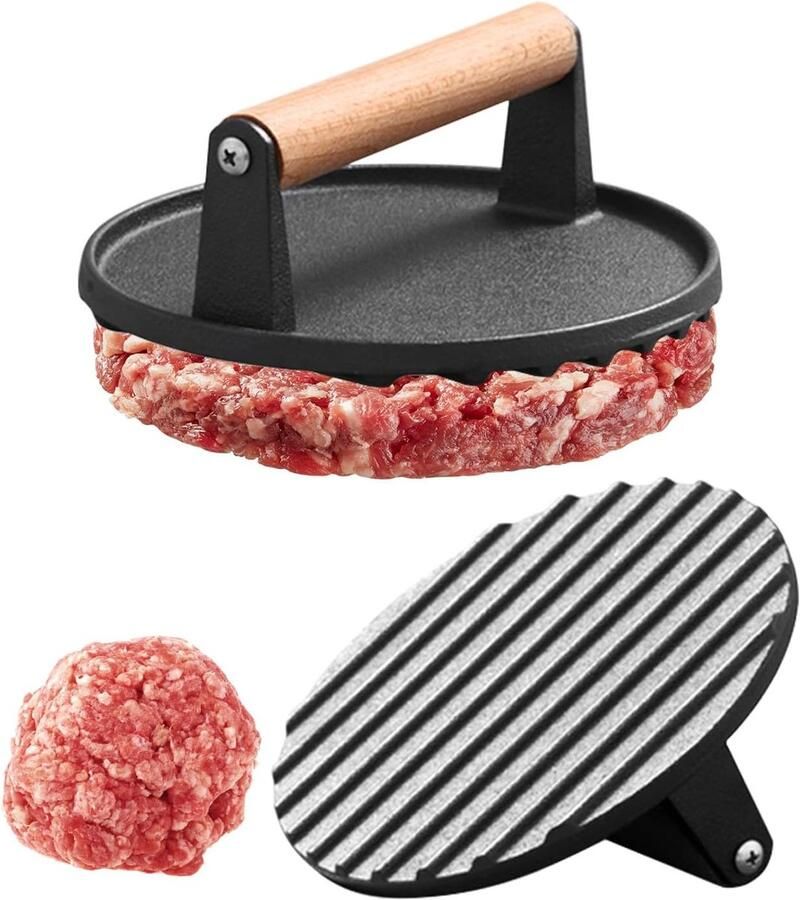 Burger Pers Patty Maker Hamburgers Grillen Gietijzeren Constructie 17 cm Diameter Zwart
