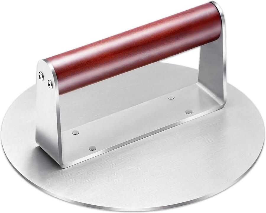 Burger Pers Smasher Tool Vlees Grillen Hittebestendig Houten Handvat 16cm Diameter Zilver