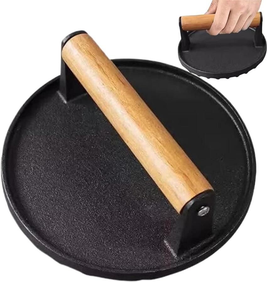 Burger Pers Steak Gewicht Gegrilde Sandwiches Maken Robuust Gietijzer Ontwerp 18 cm Zwart