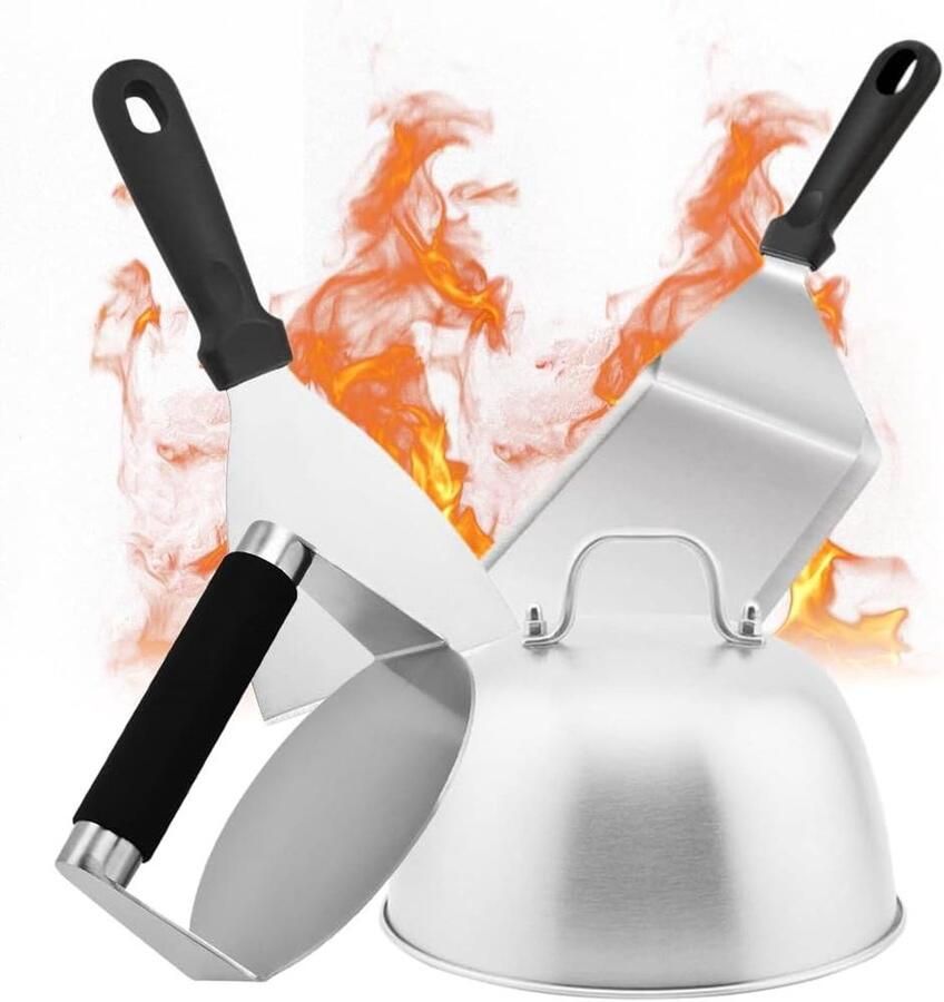 Burger Smasher Set Grill Accessoires Hamburgers Maken Roestvrij Staal 4 Delig Zilver