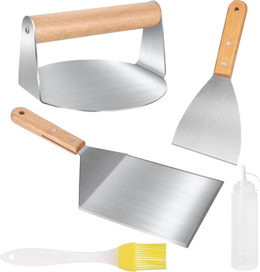 Burger Smasher Set Grill Spatula Outdoor Koken Roestvrij Staal 14 cm Smasher Zilver