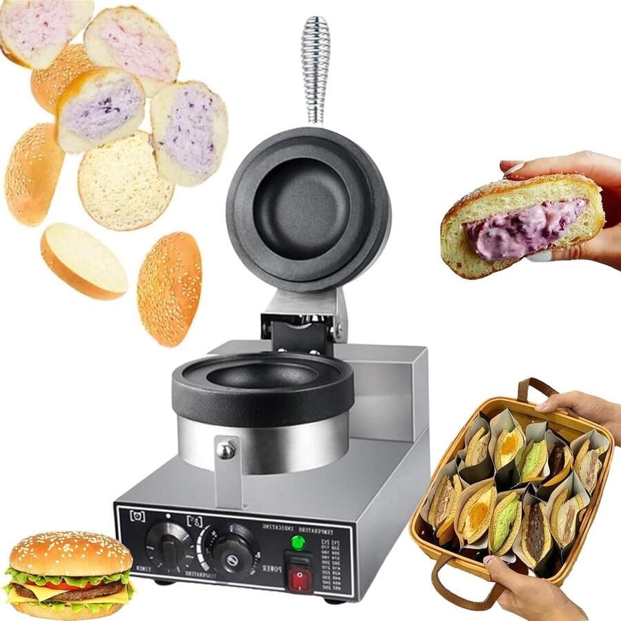 Burger Wafelijzer Hamburger Machine Ontbijt Maken Dubbelzijdig Verwarmend 11.5 cm diameter Zilver