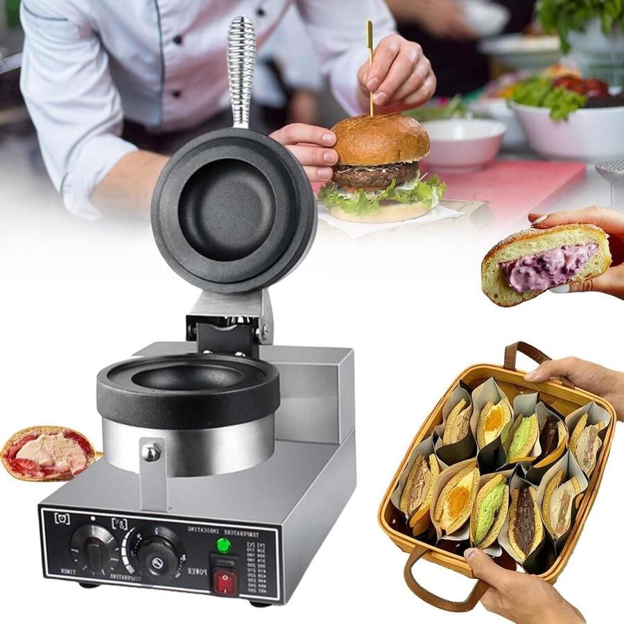 Burger Wafelijzer Wafelmaker Burger Snacks Maken Dubbelzijdig Verwarmen 25x38x28cm Zilver