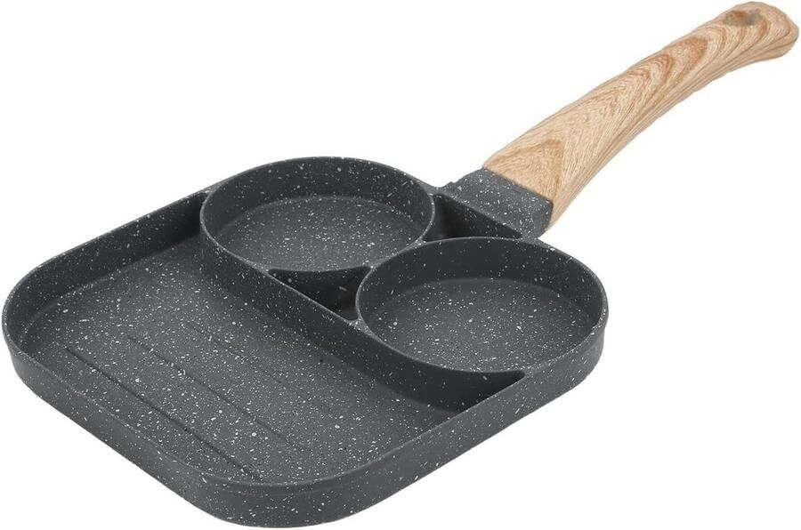 Burgerpan met 3 compartimenten Omeletpan Koekenpan Ontbijt bereiden Antiaanbaklaag 19 cm Zwart