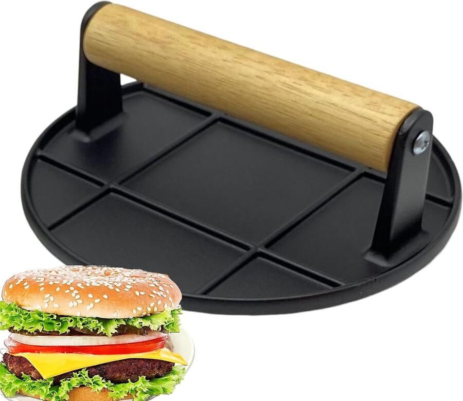 Burgerpers Baconpers Grill Gelijkmatig Grillen Hittebestendig Handvat 16.5 cm Diameter Zwart