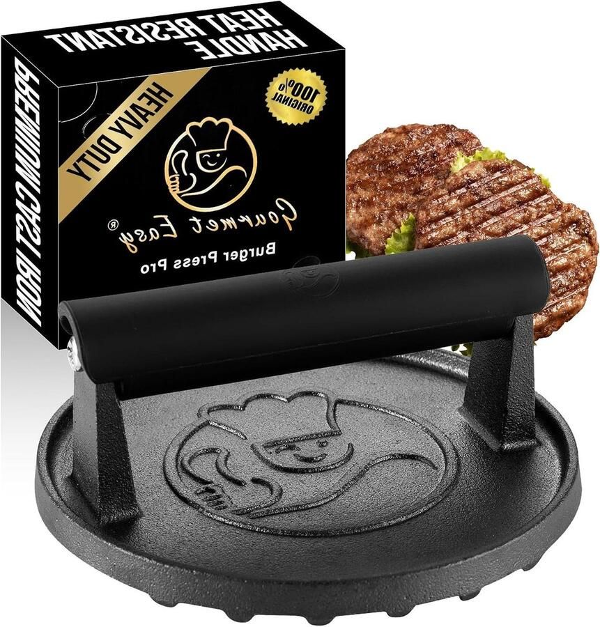 Burgerpers Gietijzer Hamburger Smasher Perfecte Burgers Maken Geribbeld Ontwerp Ø15cm Zwart