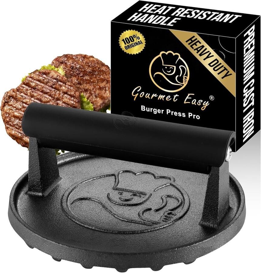 Burgerpers Gietijzer Smash Burger Press Perfecte Burgers Maken Geribbelde Grillstrepen Ø15cm Zwart