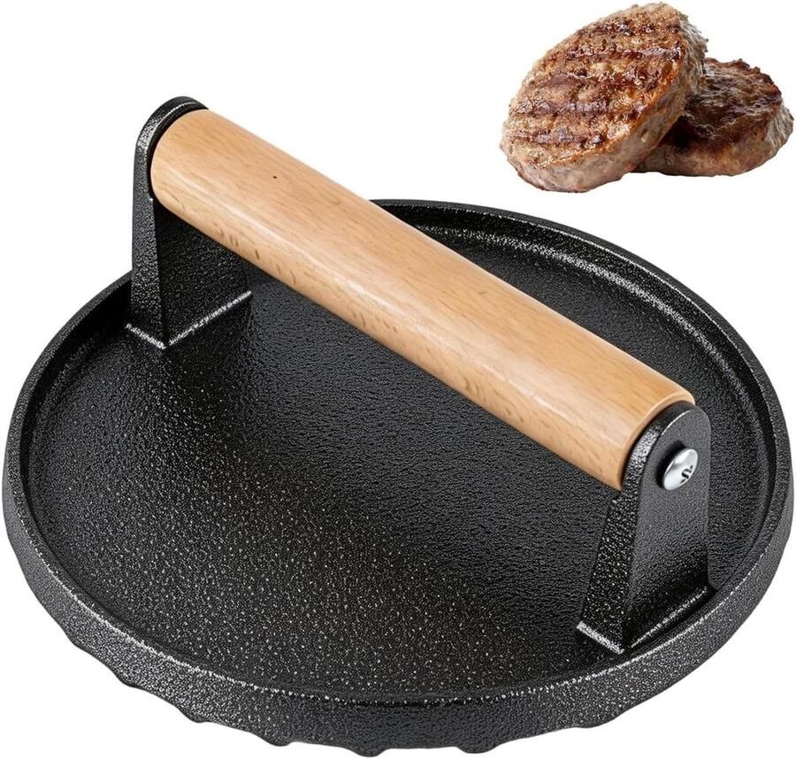 Burgerpers Gietijzer Smashburger Pers Professioneel Grillen Dubbel-getextureerde Plaat ∅152 cm Zwart