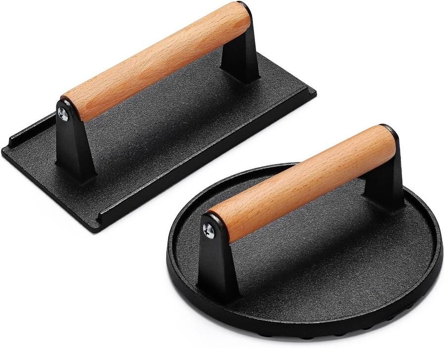 Burgerpers Gietijzer Smasher Grill Gelijkmatig Grillen Geribbelde Bodem Rond 17.5 cm Zwart