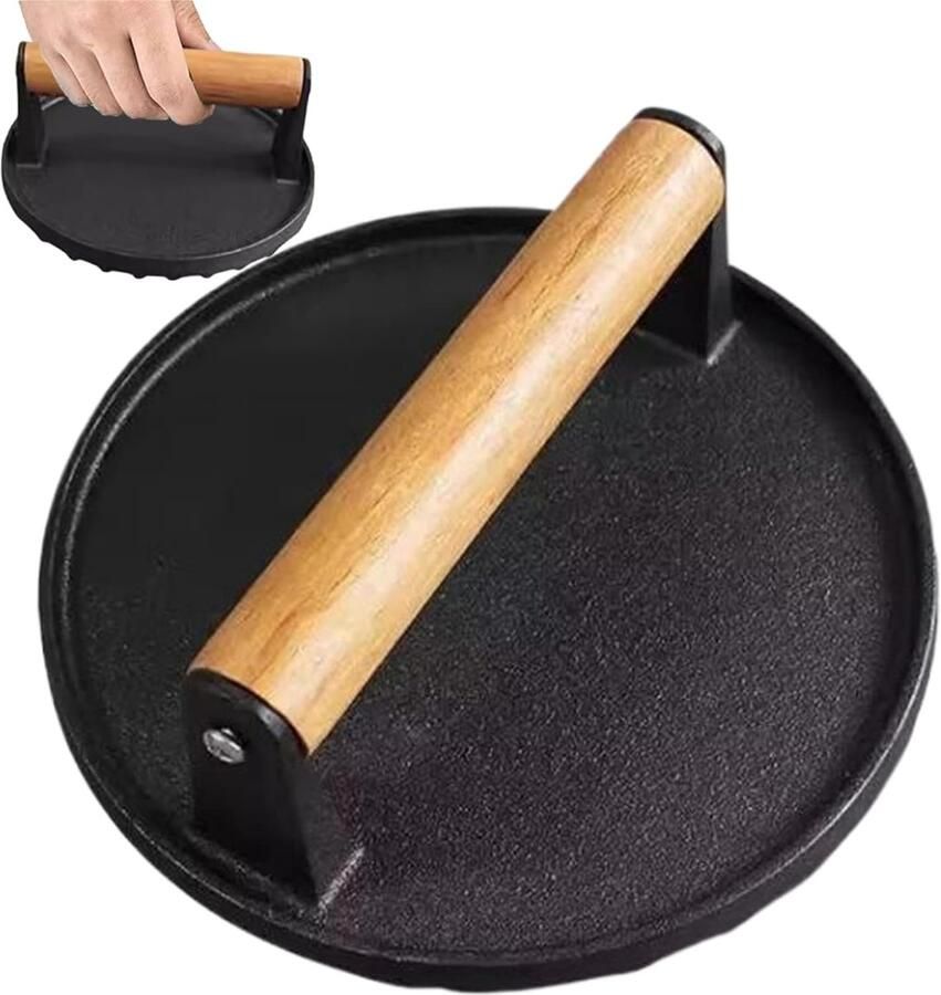 Burgerpers Gietijzer Steak Gewicht Gegrild Koken Comfortabel Houten Handvat 7 Inch Rond Zwart