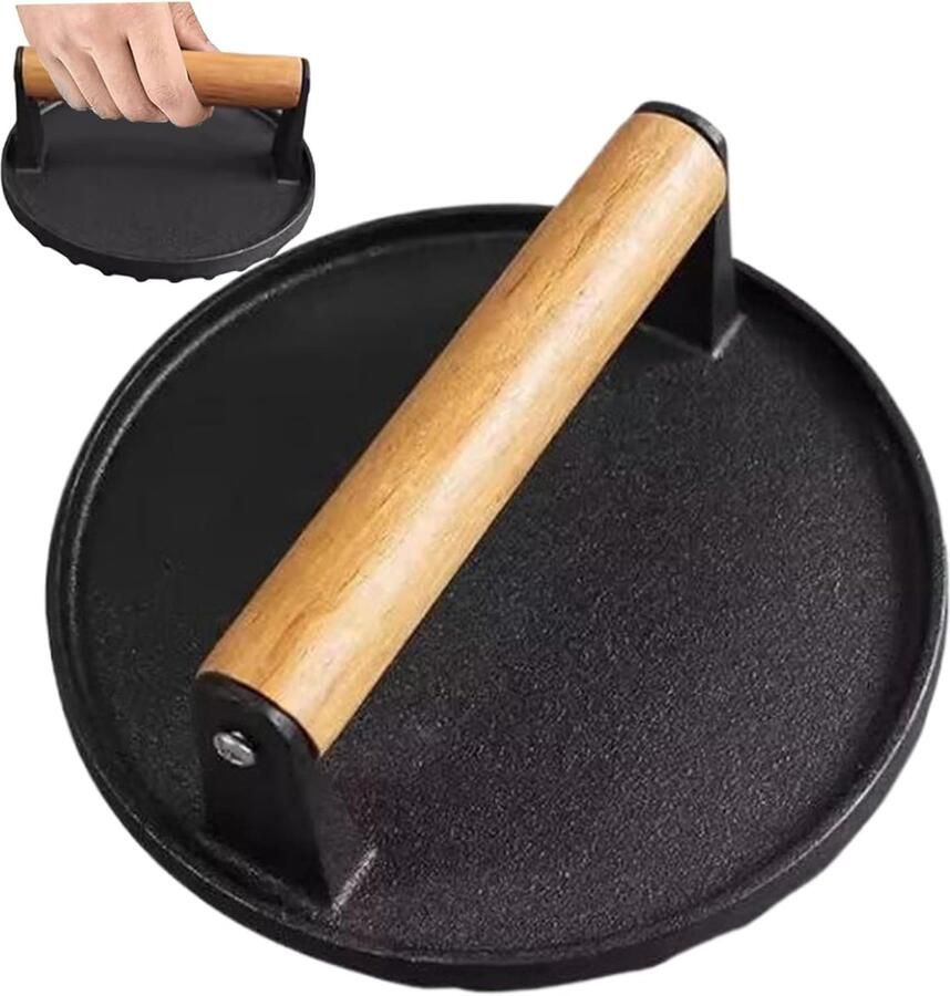 Burgerpers Gietijzer Tortilla Pers Steak Grillen Heavy-Duty Ontwerp 18 cm Diameter Zwart
