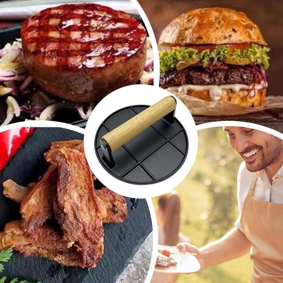 Burgerpers Hamburger Smasher Bakplaat Grillen Hittebestendig Handvat 16 cm Doorsnede Zwart