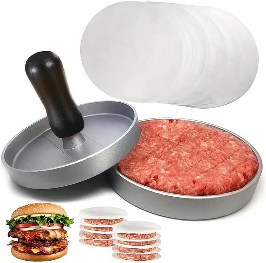 Burgerpers met 100 papieren Hamburgermaker Patty Maker Burgers Maken Antiaanbaklaag 11.8 cm diameter Zilver