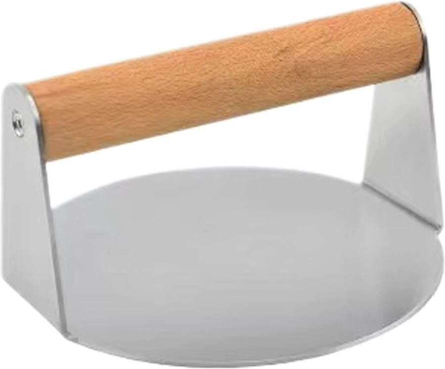 Burgerpers RVS Hamburger Smasher BBQ Koken Non-stick Houten Handvat 14 cm Zilver