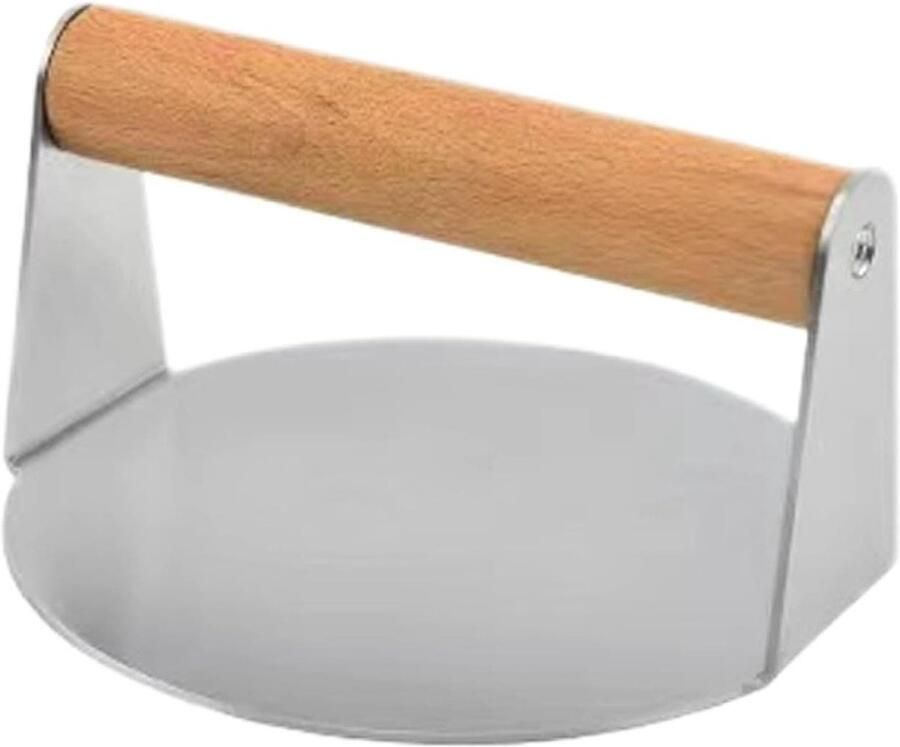 Burgerpers RVS Vleespers Grill Hamburgers Maken Antiaanbaklaag Houten Handvat 14 cm Breed Zilver