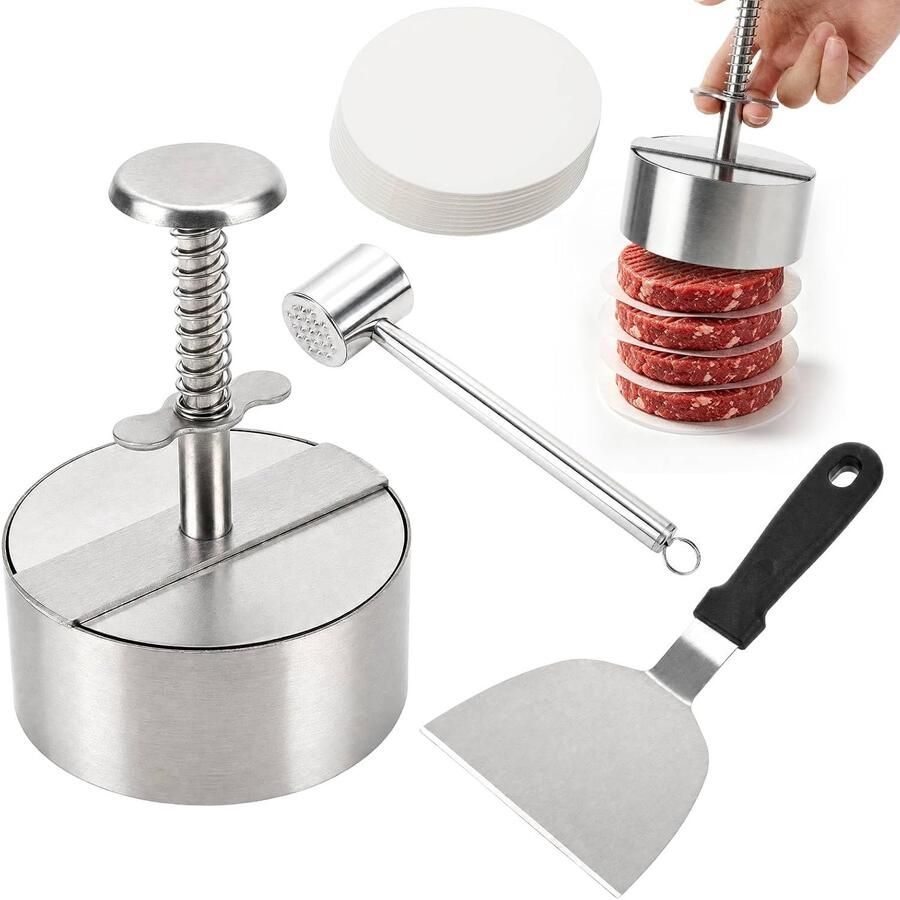 Burgerpers set 10 cm RVS 304 met vleesmolen en spatula perfect voor zelfgemaakte hamburgers Homevero